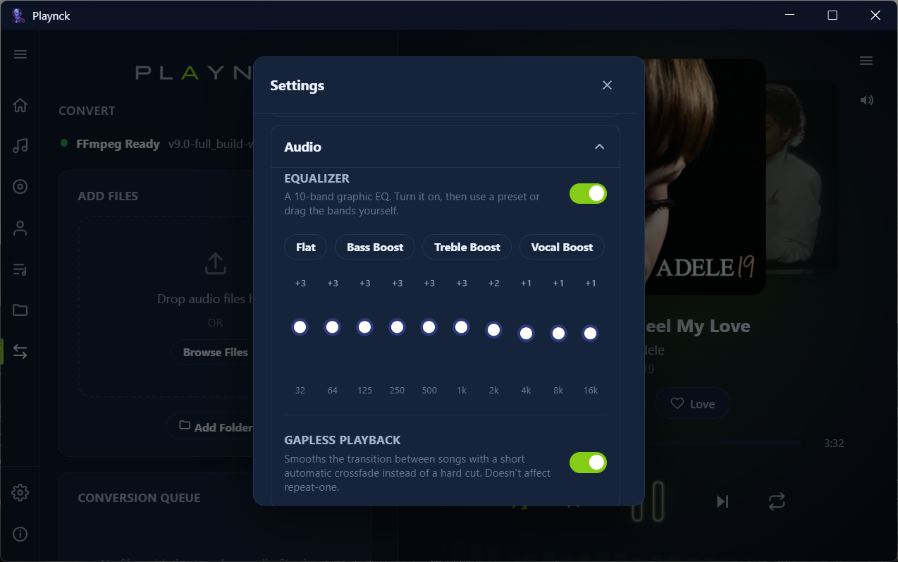 Playnck audio settings screen