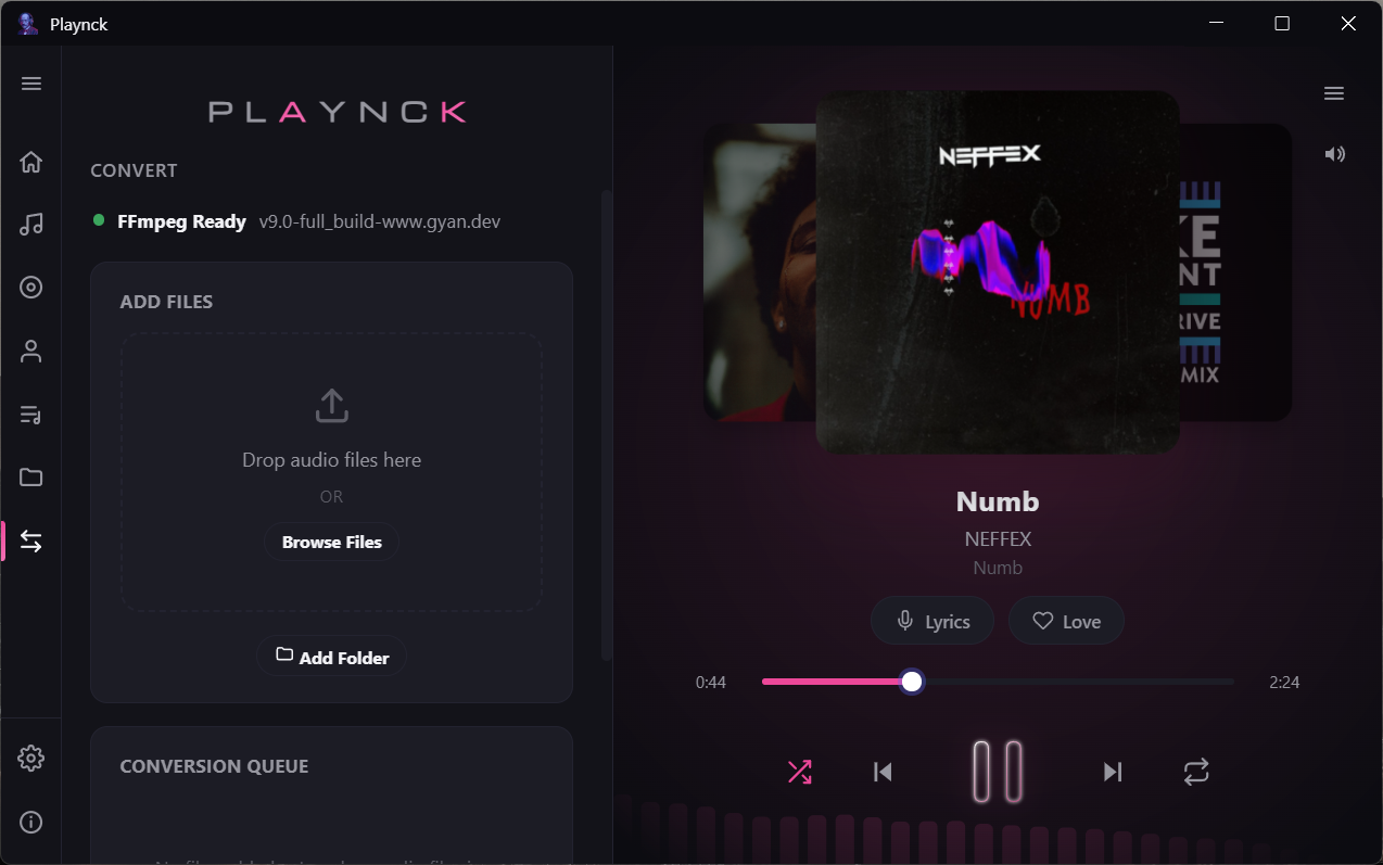 Playnck audio conversion screen