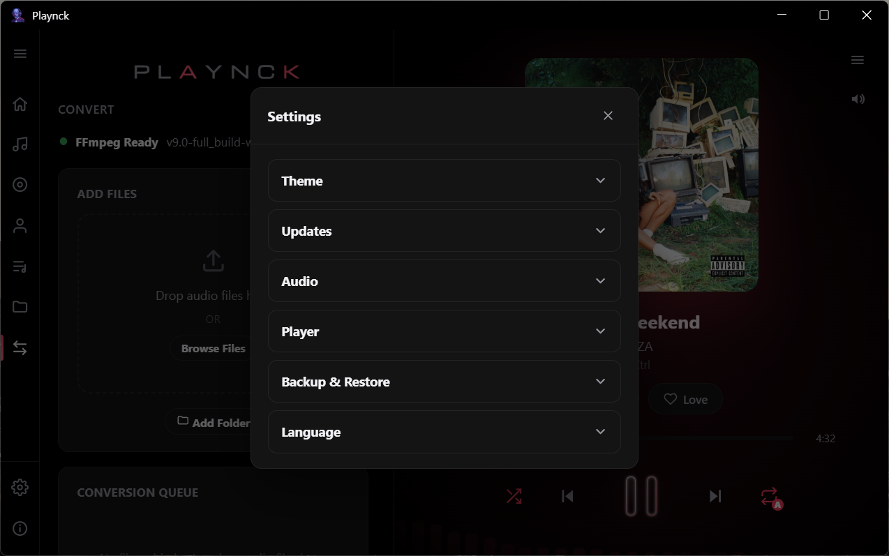 Playnck settings screen